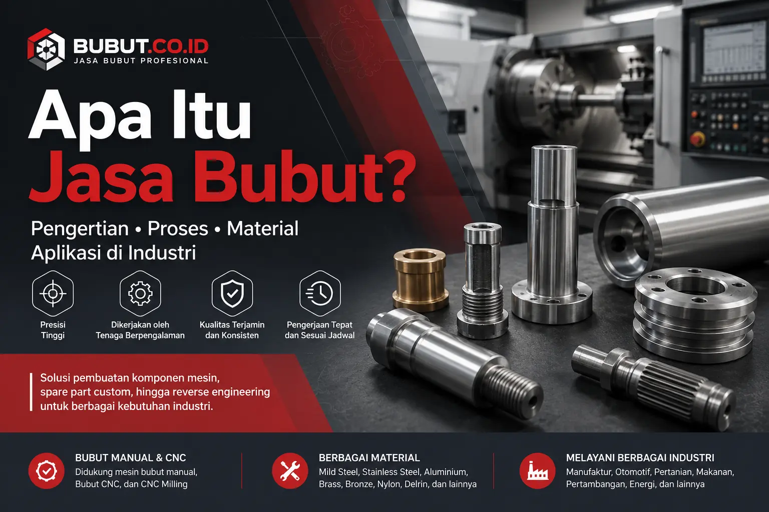 Ilustrasi jasa bubut profesional menggunakan mesin bubut manual dan Bubut CNC untuk pembuatan komponen presisi industri.