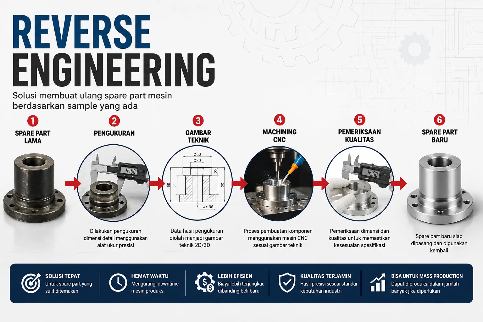 Ilustrasi proses reverse engineering untuk membuat ulang spare part mesin mulai dari komponen lama, pengukuran, gambar teknik, machining CNC, pemeriksaan kualitas, hingga menjadi spare part baru.