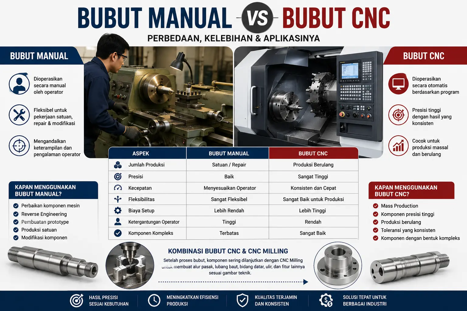 Infografis perbandingan mesin bubut manual dan Bubut CNC untuk proses machining, repair, reverse engineering, serta produksi komponen presisi.