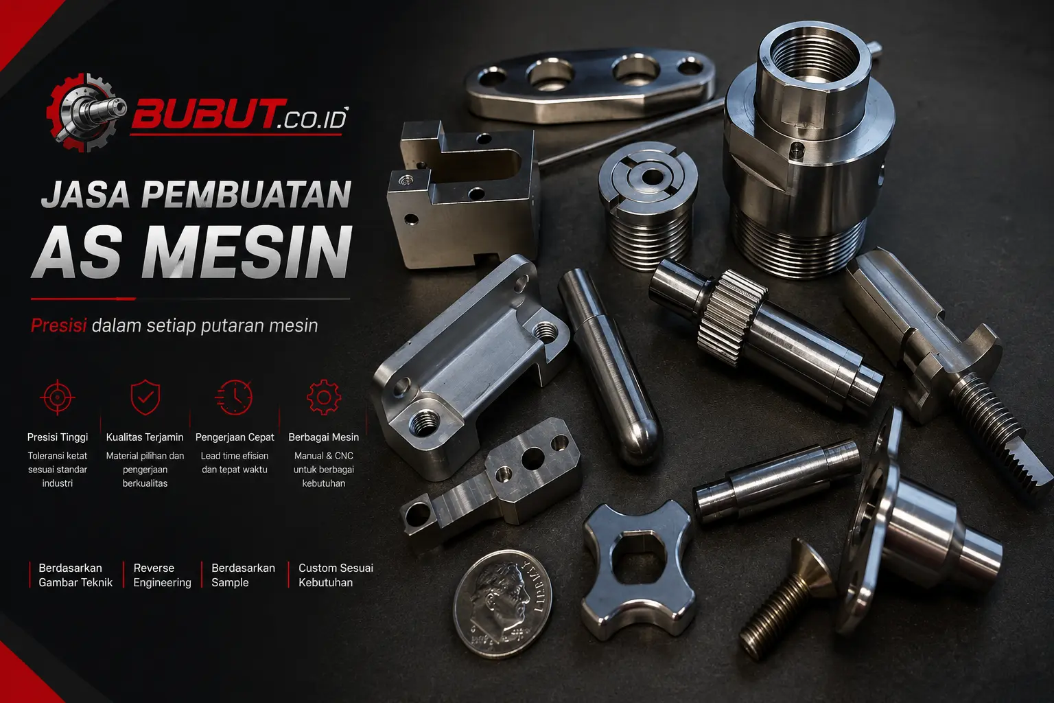 Berbagai komponen as mesin dan spare part hasil proses bubut presisi untuk kebutuhan industri dan manufaktur.