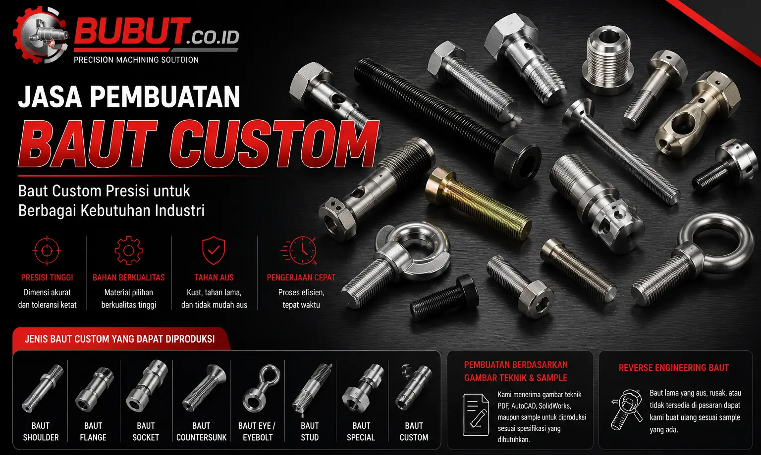 Berbagai jenis baut custom hasil proses bubut presisi sesuai gambar teknik untuk kebutuhan industri dan manufaktur.
