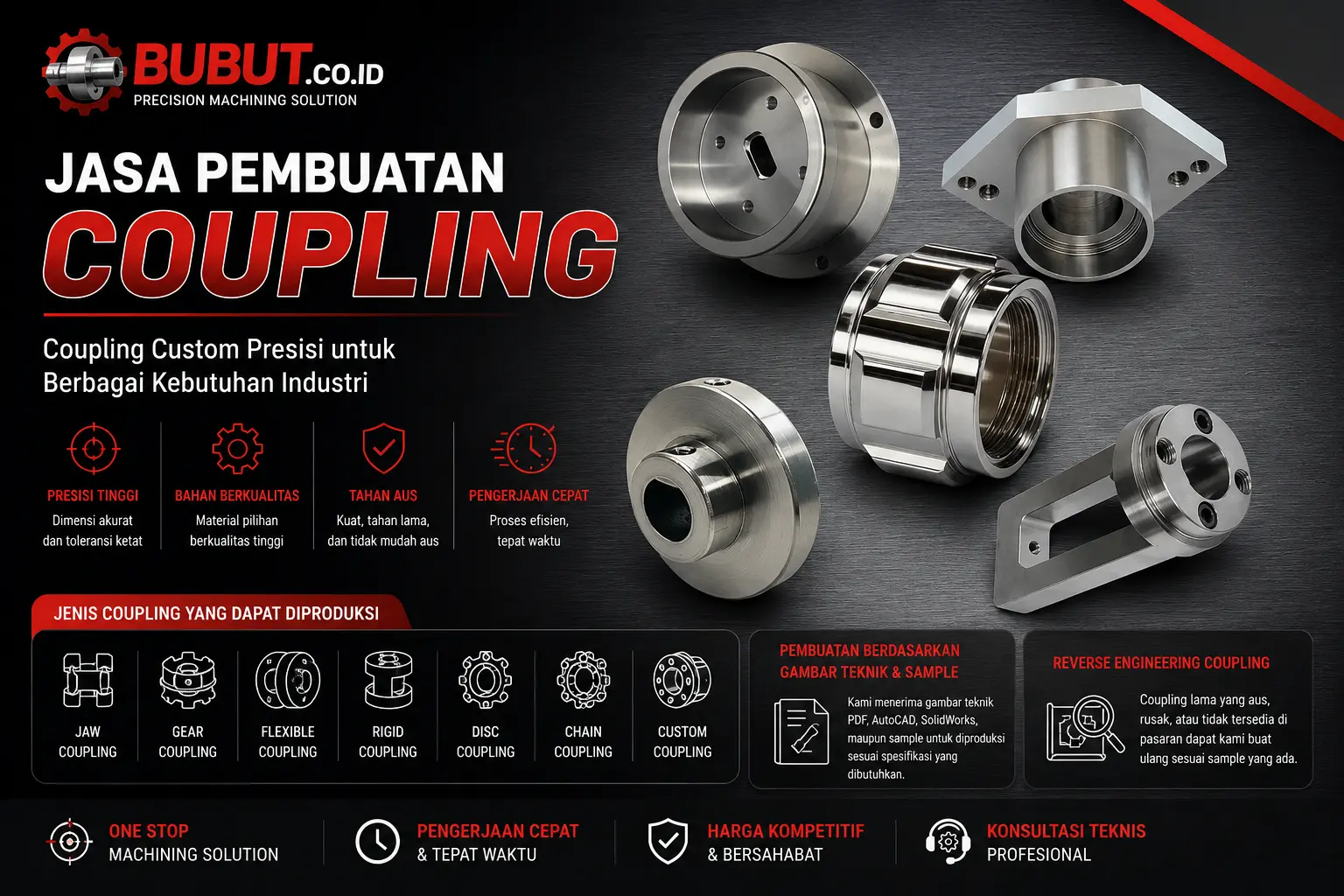 Berbagai jenis coupling custom hasil proses bubut presisi untuk motor, gearbox, pompa, conveyor, dan sistem transmisi industri.