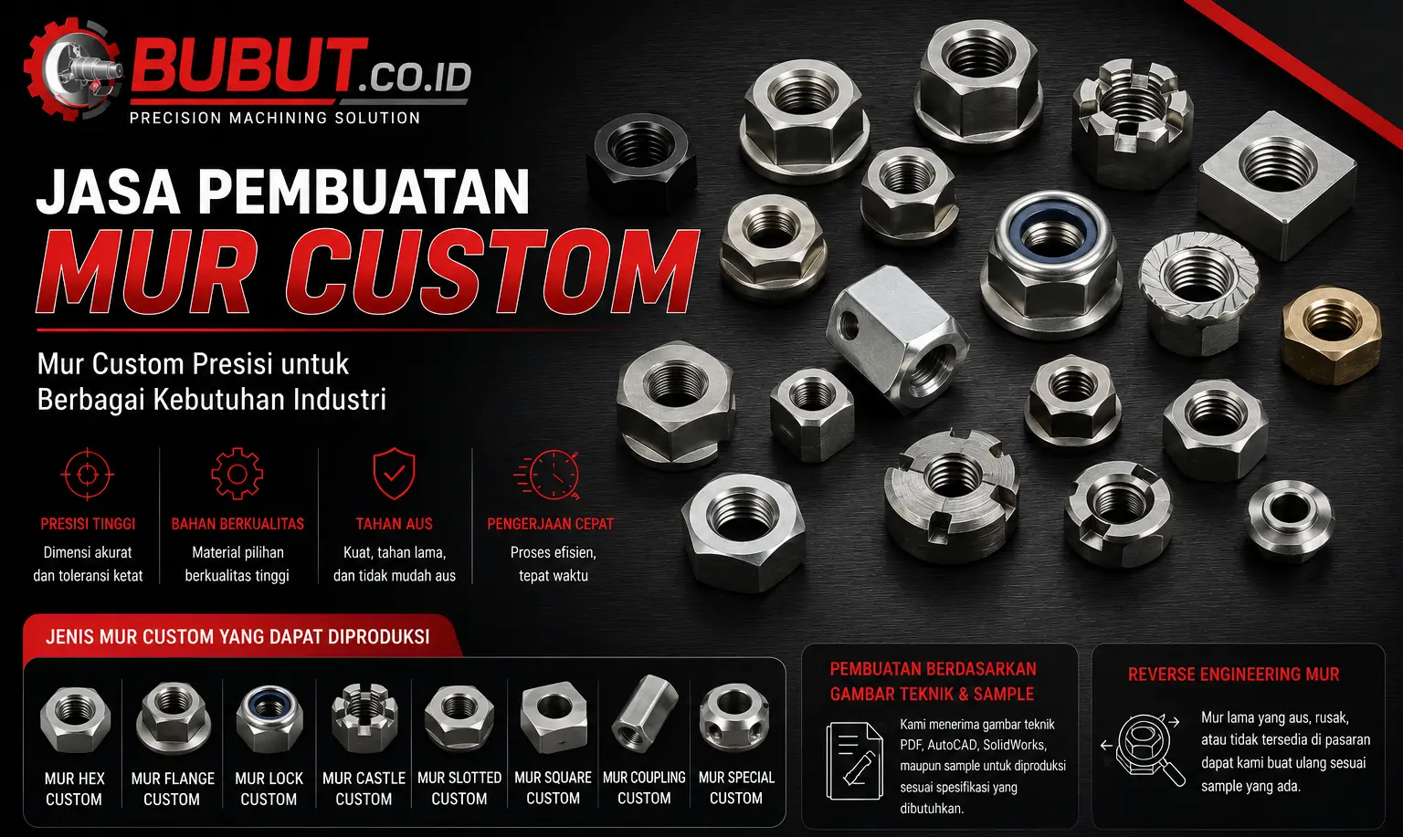 Berbagai jenis mur custom hasil proses bubut presisi sesuai gambar teknik untuk kebutuhan industri dan manufaktur.