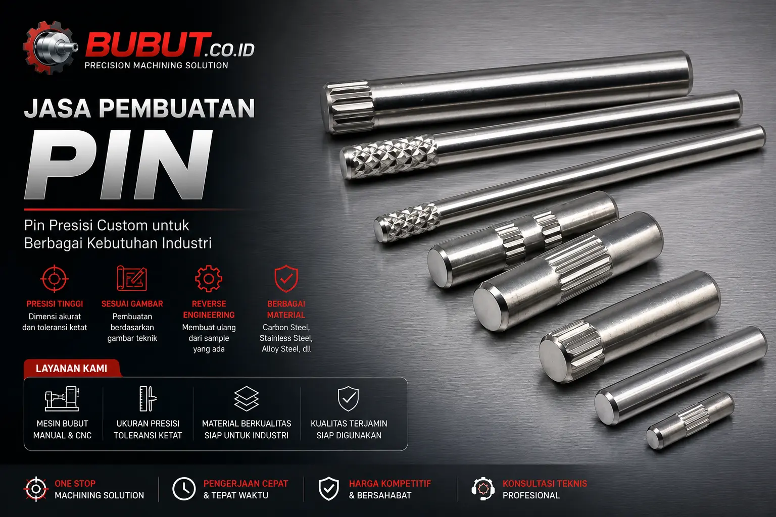 Berbagai jenis pin presisi hasil proses bubut untuk kebutuhan industri dan manufaktur.
