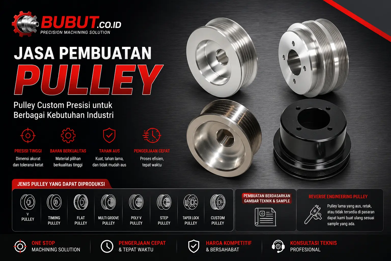 Berbagai jenis pulley custom hasil proses bubut presisi untuk conveyor, mesin industri, pompa, blower, dan sistem transmisi.