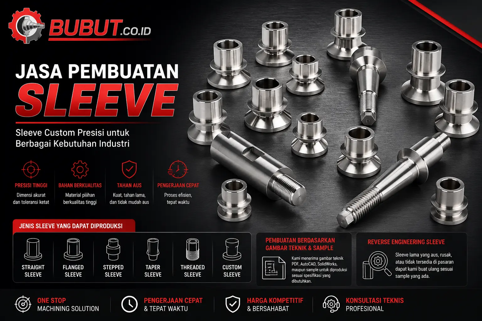Berbagai jenis sleeve custom hasil proses bubut presisi untuk shaft, bearing, hydraulic cylinder, conveyor, dan mesin industri.